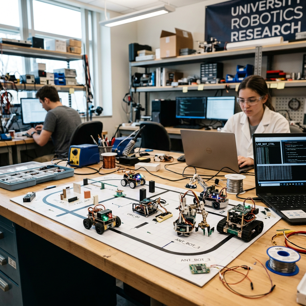 Two students programming and assembling small autonomous robots in a university robotics research lab