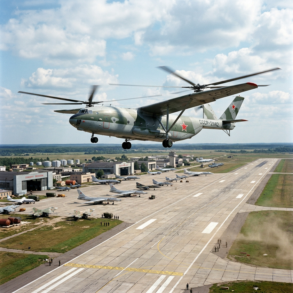 Antonov An-22 Soviet heavy transport helicopter flying over airbase with military jets on runway