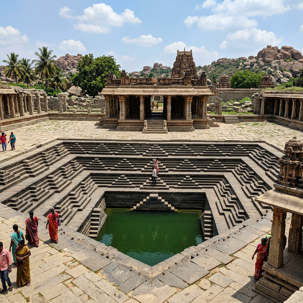 Stepped water tank with stone temple and visitors