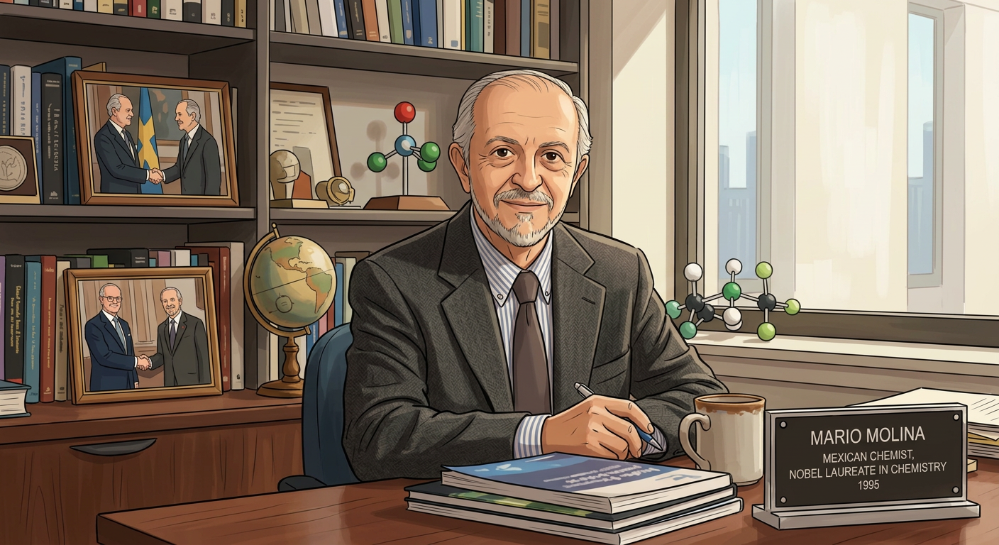 Mario Molina sitting at desk with pen, books, mug, and nameplate indicating Nobel laureate in Chemistry