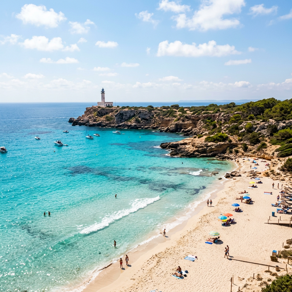 Sandy beach with people, turquoise sea, boats, and a lighthouse on rocky cliffs