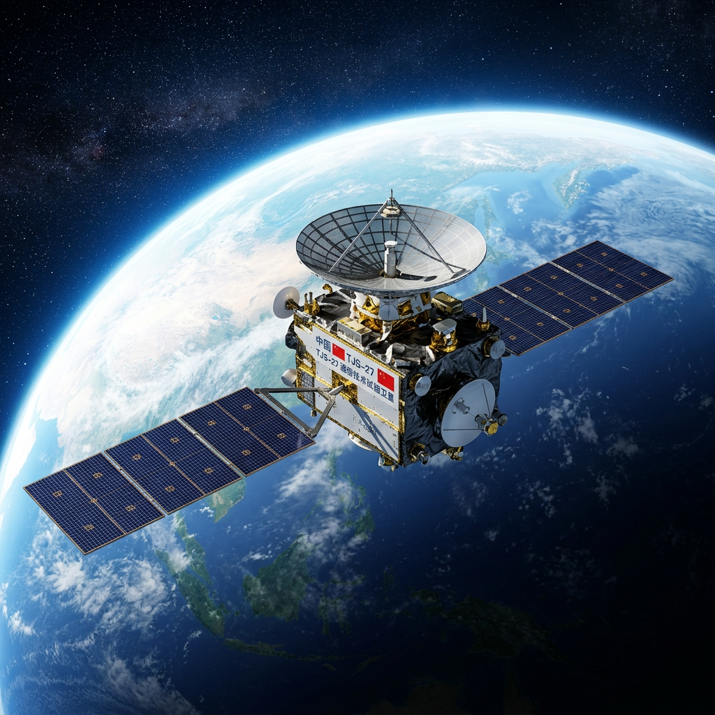 Chinese BeiDou navigation satellite with solar panels orbiting Earth