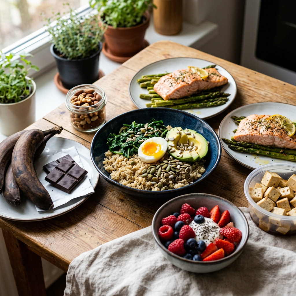 Healthy meal spread with salmon, quinoa, avocado, berries, nuts, and vegetables