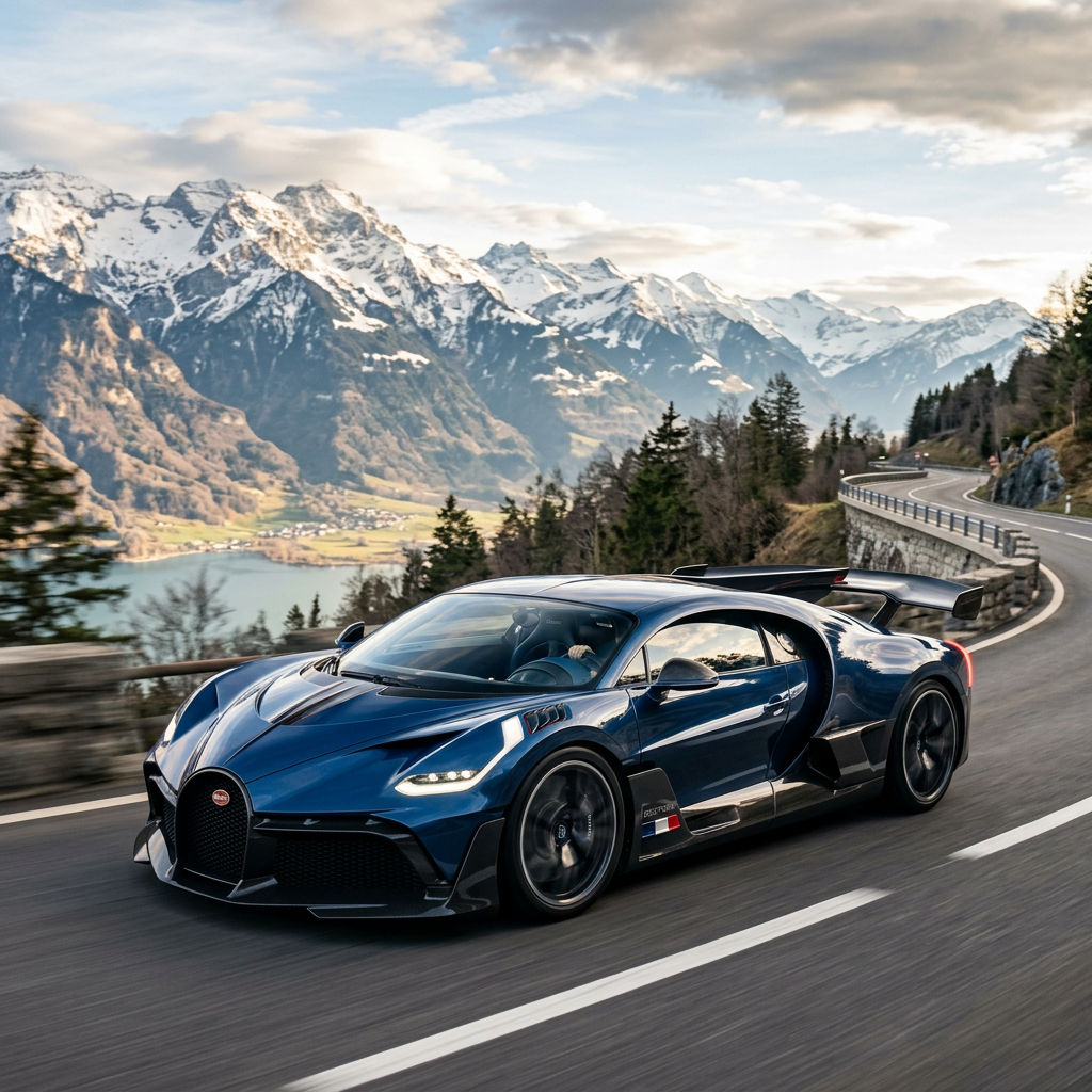 Blue hypercar driving on a mountain road beside a lake