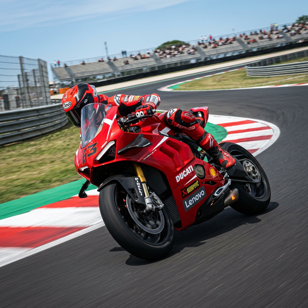 Ducati motorcycle racer leaning through a racetrack corner