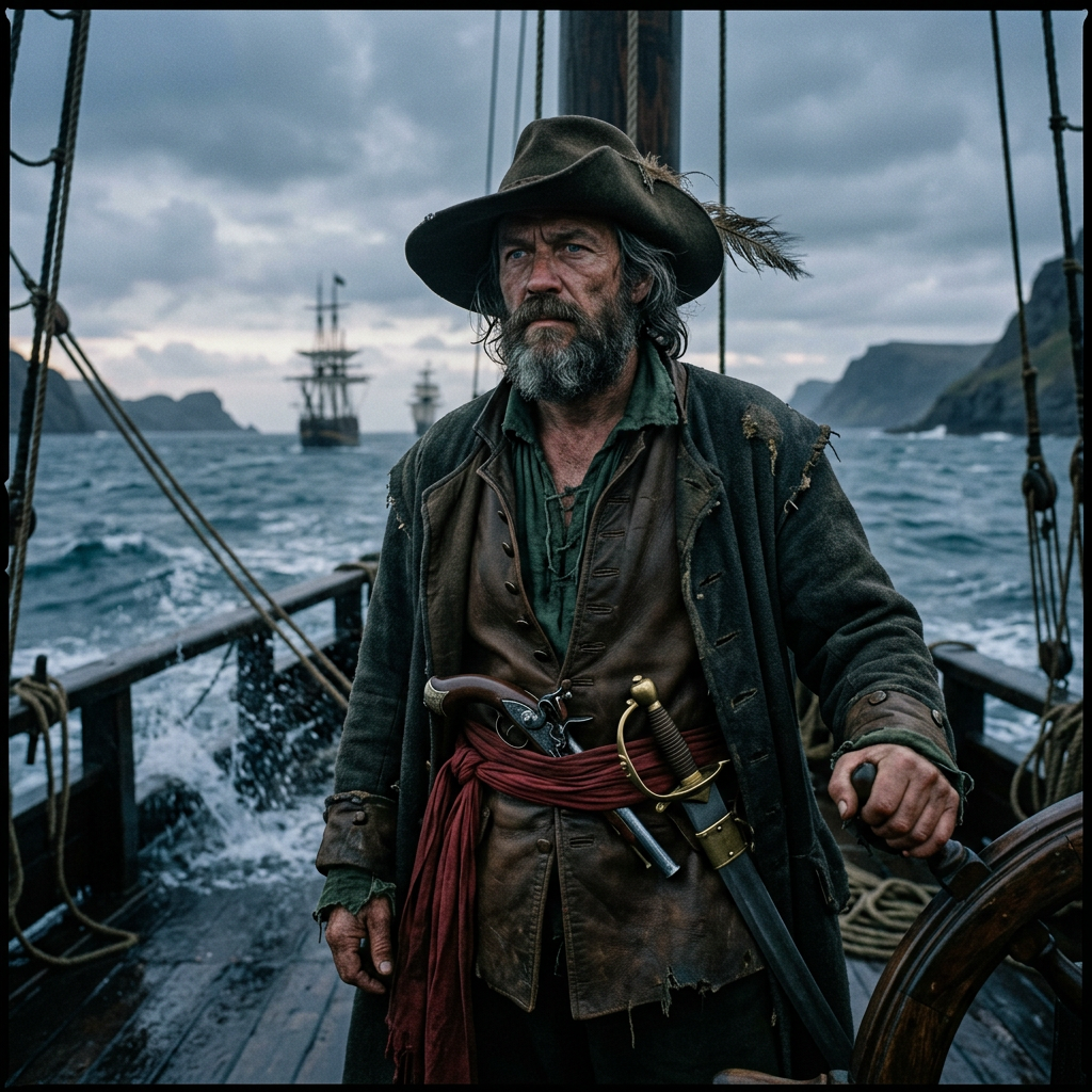 Bearded pirate standing aboard a ship in rough seas