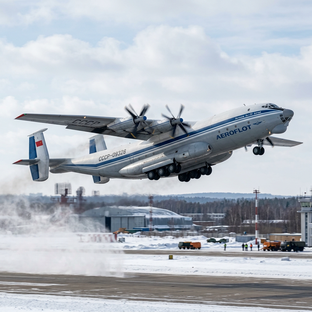 Soviet-era Aeroflot aircraft taking off from a snowy runway