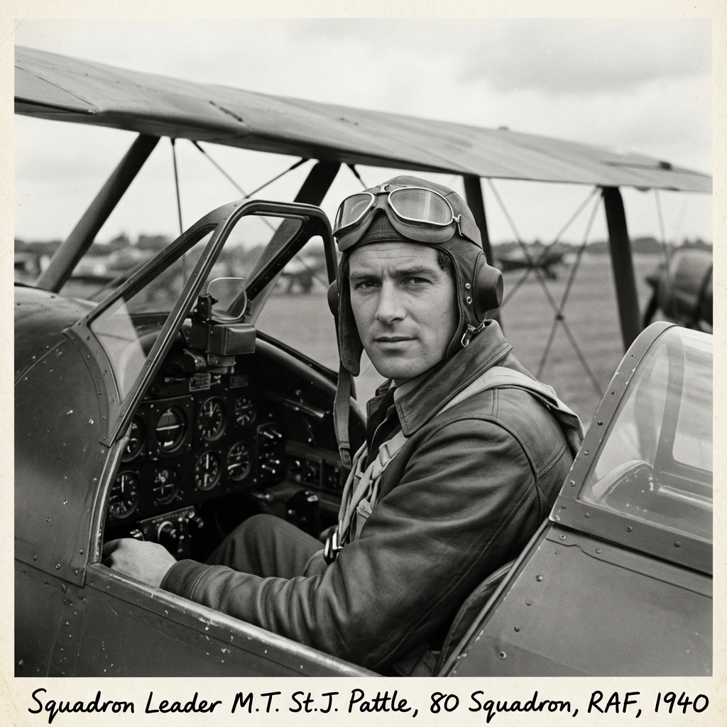 Squadron Leader M.T. St.J. Pattle, 80 Squadron, RAF, 1940; pilot seated in cockpit