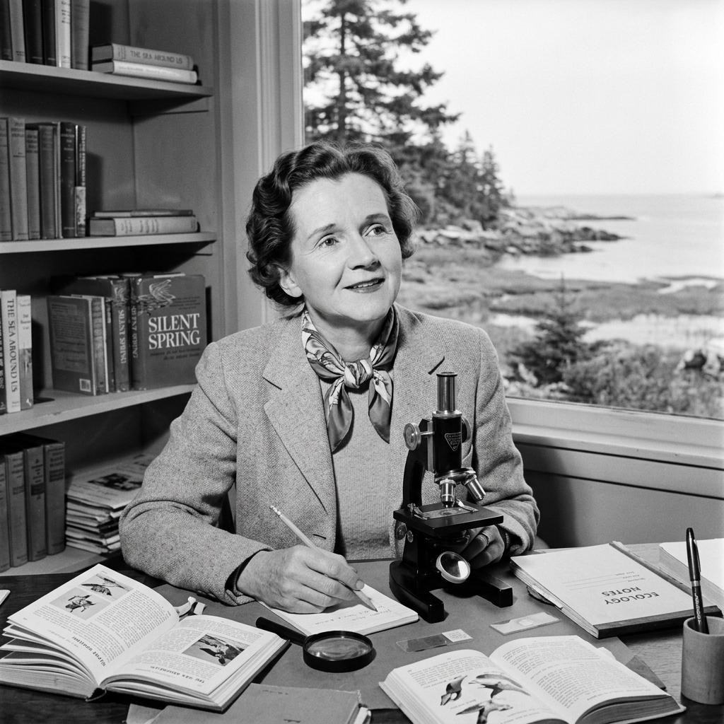 Scientist writing beside microscope, books, and coastal window; Silent Spring visible