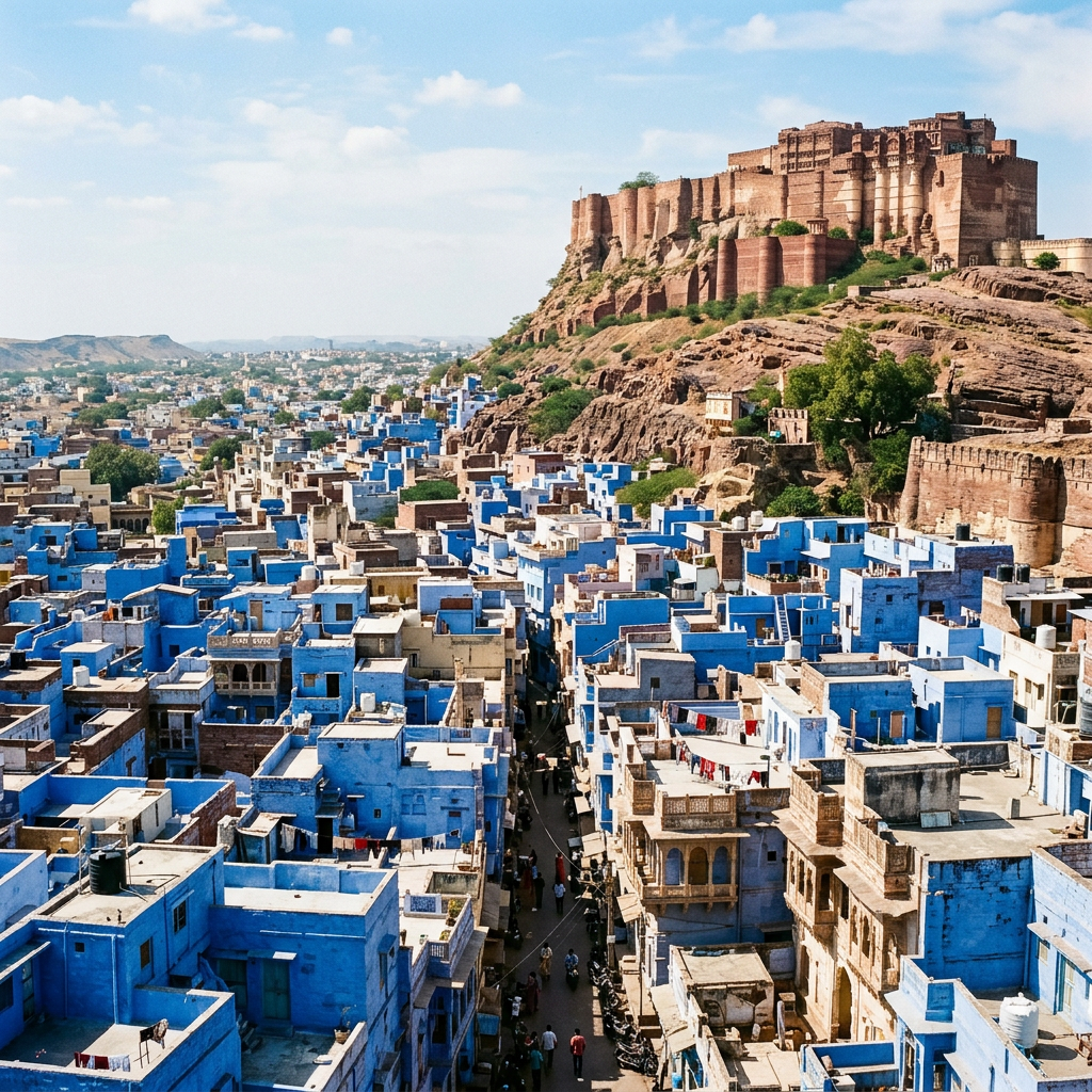 Blue-painted homes clustered beneath Mehrangarh Fort in Jodhpur, India