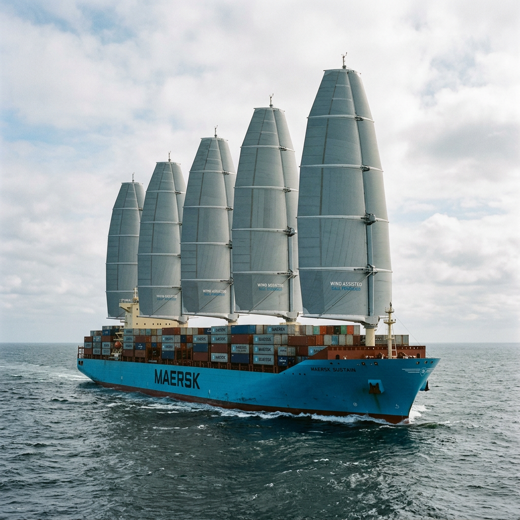 Maersk container ship sailing with six towering wind-assist sails